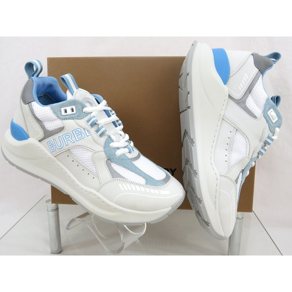 $850 BURBERRY SEAN WHITE SUEDE MESH PALE BLUE LOGO LOW SNEAKERS 41 US 8 ITALY main image 5